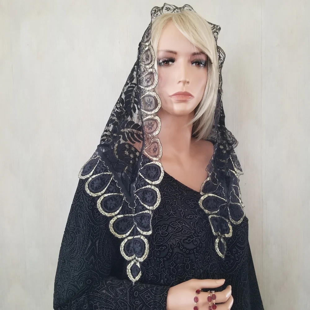 Black and Gold‎ Lace Palm Leaf Mantilla Chapel Veil Catholic Mass Holy Week